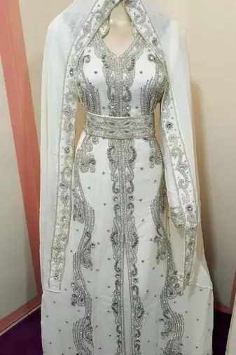 Opulent White Georgette Bridal Kaftan Gown with Silver Handwork