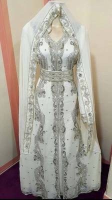 Opulent White Georgette Bridal Kaftan Gown with Silver Handwork 3