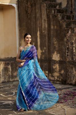   Turquoise Blue Pure Kota Silk Hand Dyed Leheriya Saree 1