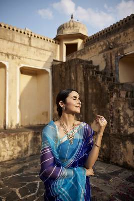   Turquoise Blue Pure Kota Silk Hand Dyed Leheriya Saree 4