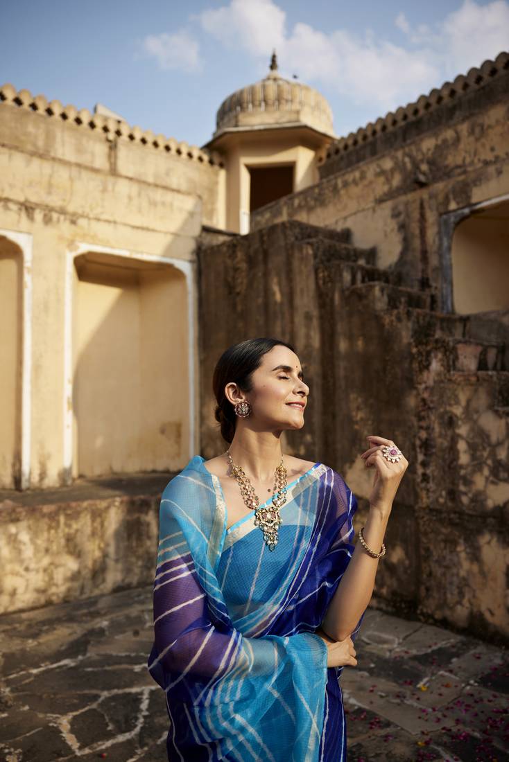 Geroo Jaipur Turquoise Blue Pure Kota Silk Hand Dyed Leheriya Saree