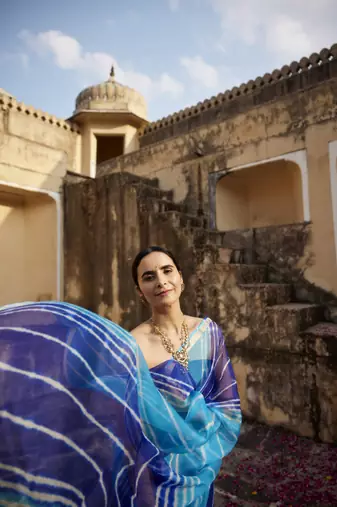   Turquoise Blue Pure Kota Silk Hand Dyed Leheriya Saree