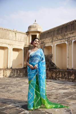  Turquoise Blue  Green Pure Kota Silk Hand Dyed Leheriya Saree 1