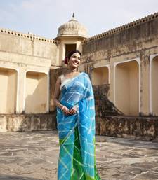   Turquoise Blue  Green Pure Kota Silk Hand Dyed Leheriya Saree