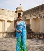 Geroo Jaipur Turquoise Blue- Green Pure Kota Silk Hand Dyed Leheriya Saree
