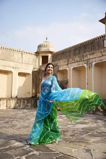   Turquoise Blue  Green Pure Kota Silk Hand Dyed Leheriya Saree