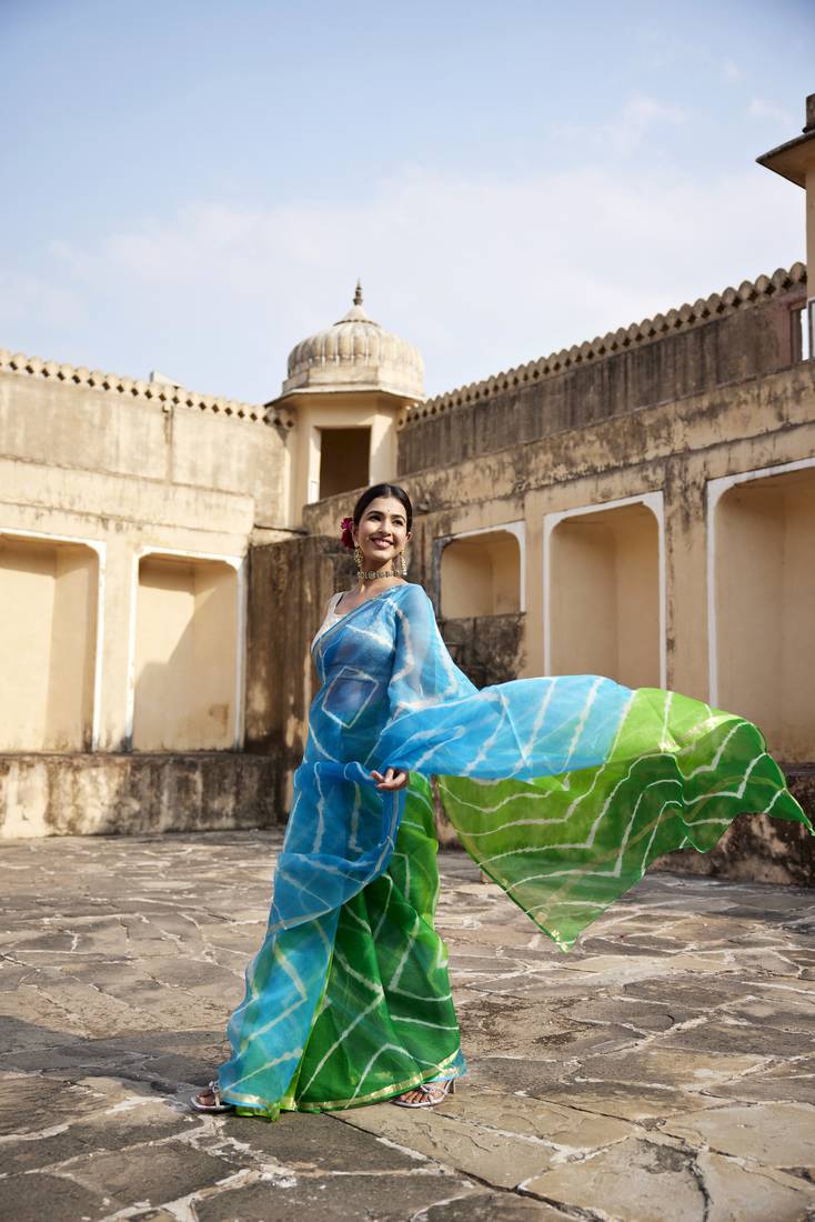 Geroo Jaipur Turquoise Blue- Green Pure Kota Silk Hand Dyed Leheriya Saree