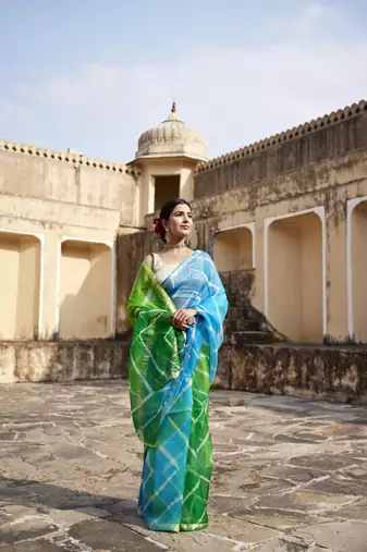   Turquoise Blue  Green Pure Kota Silk Hand Dyed Leheriya Saree