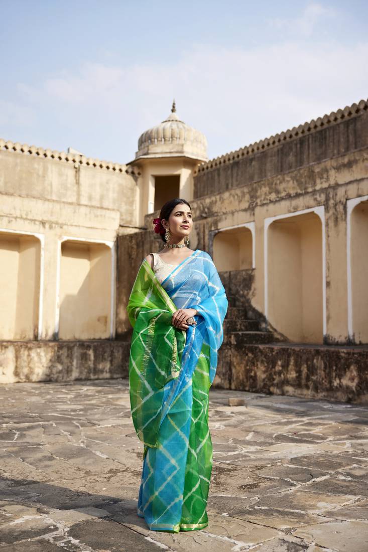 Geroo Jaipur Turquoise Blue- Green Pure Kota Silk Hand Dyed Leheriya Saree