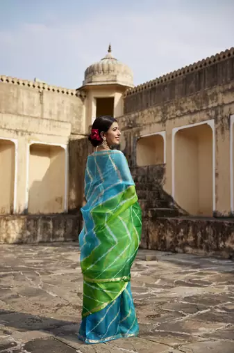   Turquoise Blue  Green Pure Kota Silk Hand Dyed Leheriya Saree