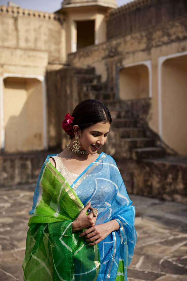 Geroo Jaipur Turquoise Blue- Green Pure Kota Silk Hand Dyed Leheriya Saree
