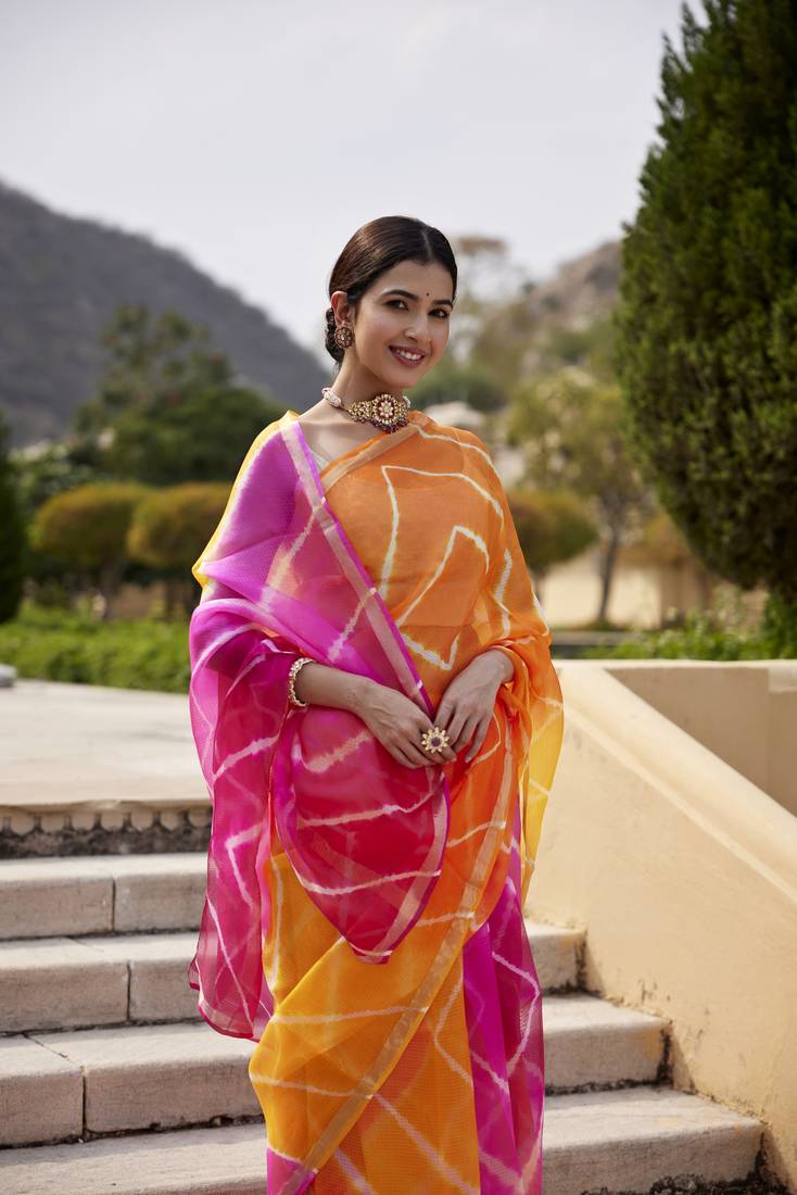 Geroo Jaipur Multicolor Pure Kota Silk Hand Dyed Leheriya Saree
