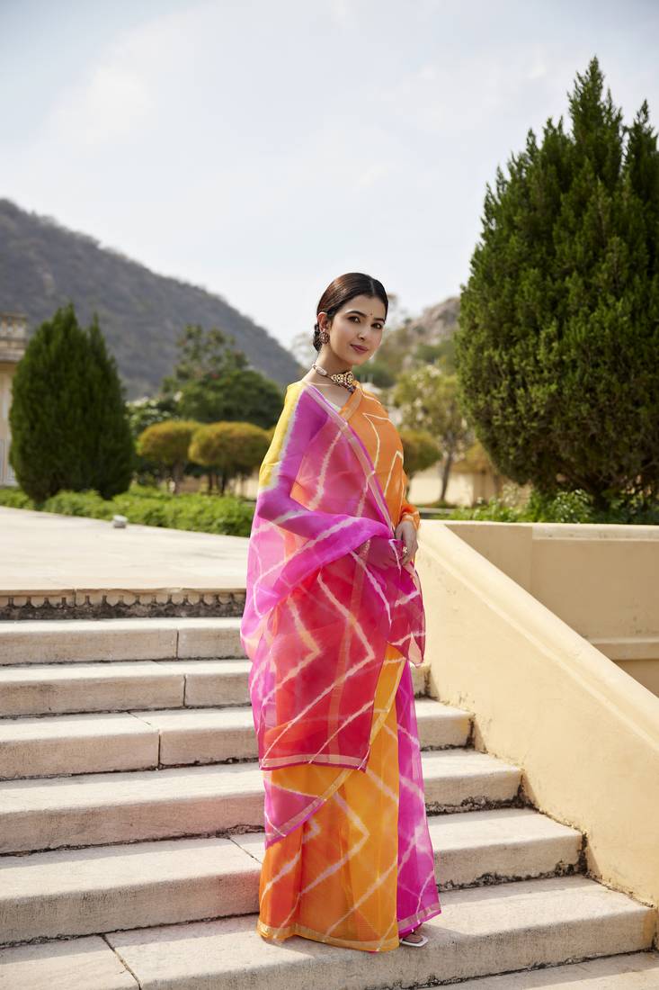 Geroo Jaipur Multicolor Pure Kota Silk Hand Dyed Leheriya Saree