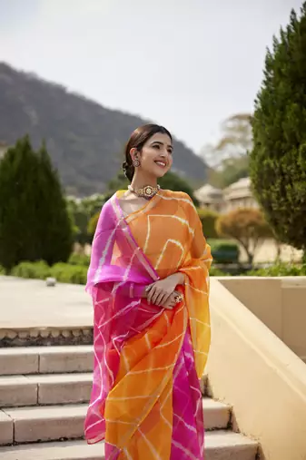   Multicolor Pure Kota Silk Hand Dyed Leheriya Saree
