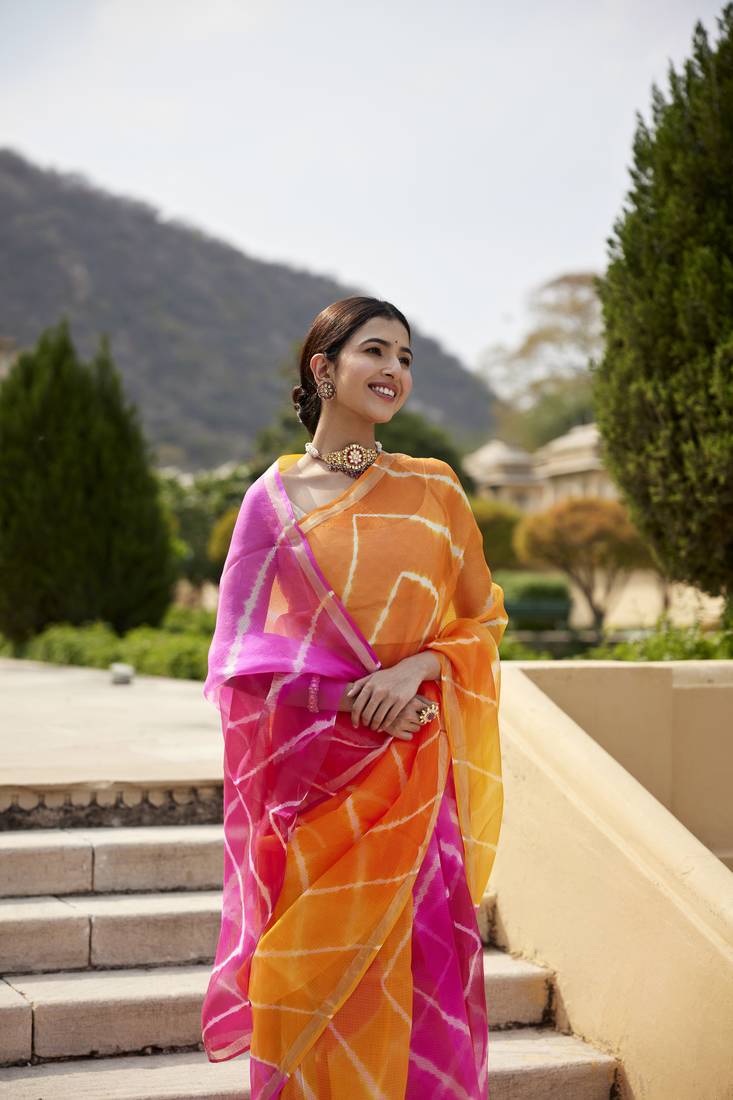 Geroo Jaipur Multicolor Pure Kota Silk Hand Dyed Leheriya Saree
