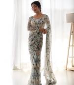 Light Grey Colour Printed Tabi Silk Ready To Wear Saree