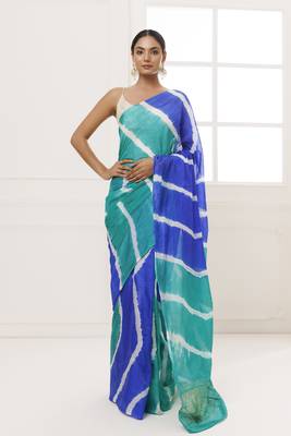   Blue Green Tabby Silk Hand Dyed Leheriya Saree 1