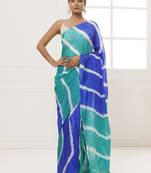 Geroo Jaipur Blue-Green Tabby Silk Hand Dyed Leheriya Saree
