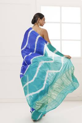   Blue Green Tabby Silk Hand Dyed Leheriya Saree 2