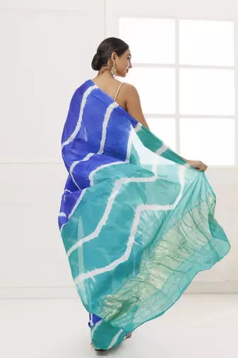   Blue Green Tabby Silk Hand Dyed Leheriya Saree