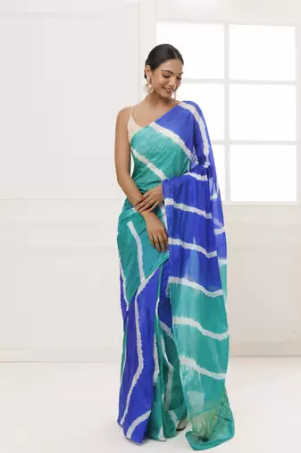   Blue Green Tabby Silk Hand Dyed Leheriya Saree