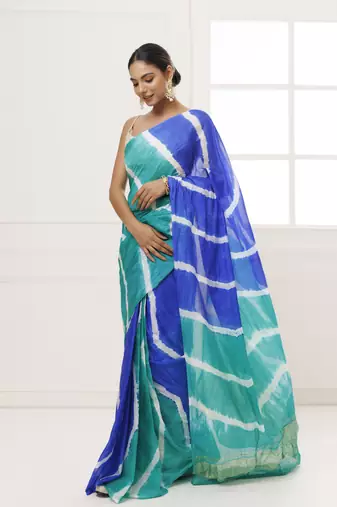   Blue Green Tabby Silk Hand Dyed Leheriya Saree