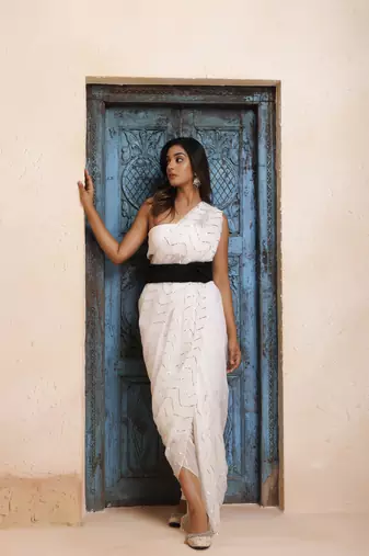   White Chiffon Hand Embroidered Gota Patti Saree