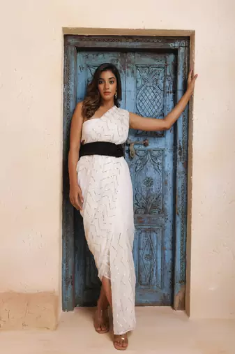   White Chiffon Hand Embroidered Gota Patti Saree