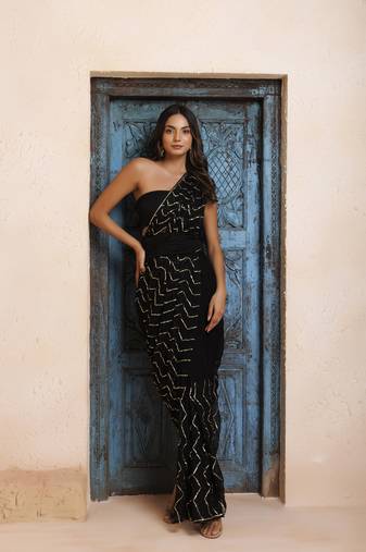 Geroo Jaipur Black Chiffon Hand Embroidered Gota Saree