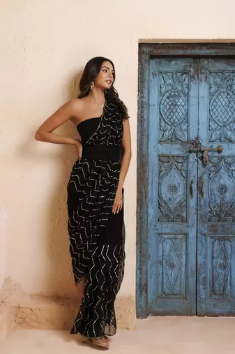   Black Chiffon Hand Embroidered Gota Saree