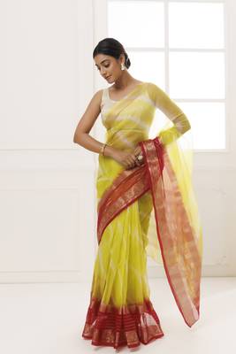   Lime Green Maroon Organza Zari Embellished Hand Dyed Leheriya Saree 1