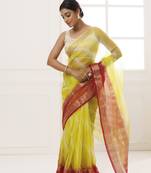 Geroo Jaipur Lime Green-Maroon Organza Zari Embellished Hand Dyed Leheriya Saree