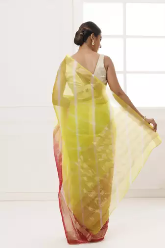   Lime Green Maroon Organza Zari Embellished Hand Dyed Leheriya Saree