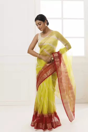   Lime Green Maroon Organza Zari Embellished Hand Dyed Leheriya Saree