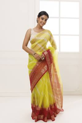   Lime Green Maroon Organza Zari Embellished Hand Dyed Leheriya Saree 4