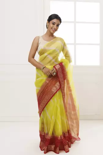   Lime Green Maroon Organza Zari Embellished Hand Dyed Leheriya Saree