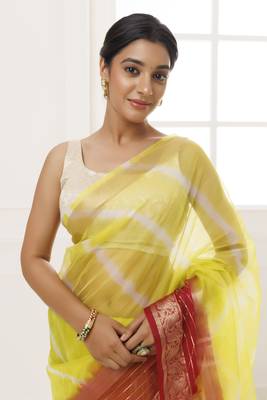   Lime Green Maroon Organza Zari Embellished Hand Dyed Leheriya Saree 5