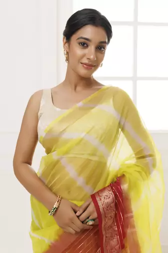   Lime Green Maroon Organza Zari Embellished Hand Dyed Leheriya Saree