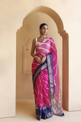 Geroo Jaipur Pink-Blue Organza Zari Embellished Hand Dyed Leheriya Saree 1