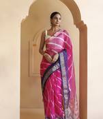 Geroo Jaipur Pink-Blue Organza Zari Embellished Hand Dyed Leheriya Saree