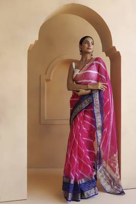 Geroo Jaipur Pink-Blue Organza Zari Embellished Hand Dyed Leheriya Saree 2