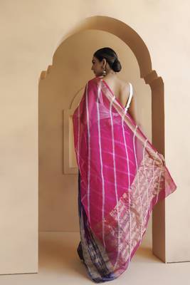 Geroo Jaipur Pink-Blue Organza Zari Embellished Hand Dyed Leheriya Saree 3