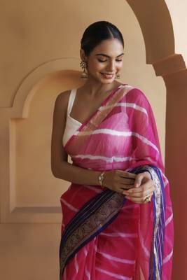 Geroo Jaipur Pink-Blue Organza Zari Embellished Hand Dyed Leheriya Saree 4