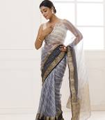 Geroo Jaipur Grey Organza Zari Embellished Hand Dyed Leheriya Saree