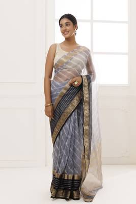   Grey Organza Zari Embellished Hand Dyed Leheriya Saree 2