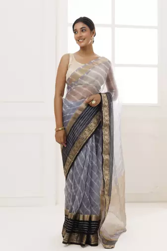   Grey Organza Zari Embellished Hand Dyed Leheriya Saree