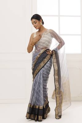   Grey Organza Zari Embellished Hand Dyed Leheriya Saree 3
