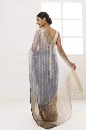   Grey Organza Zari Embellished Hand Dyed Leheriya Saree