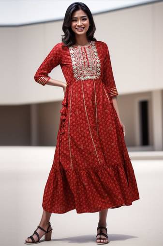 Red printed viscose rayon long-dresses
