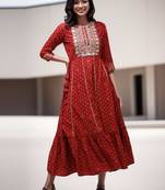 Red printed viscose rayon long-dresses